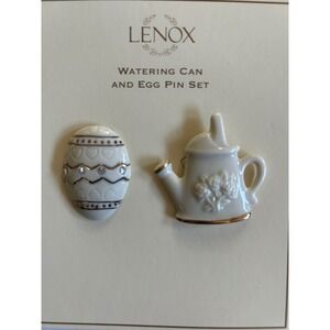 Lenox‎ Watering Can and Egg Pin Set Ivory China 24K Gold Easter Brooch